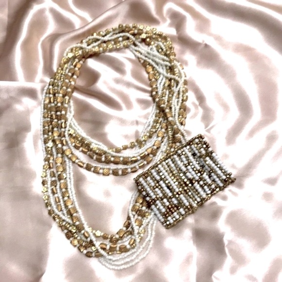 Stunning White & Gold Beaded Multi-Strand Twist Necklace & Bracelet Set Unique - Picture 4 of 16